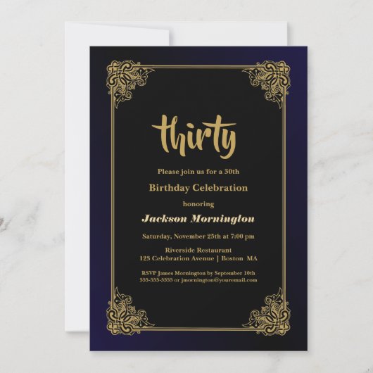 黒と金ゴールド30th誕生日パーティー 招待状 (正面)