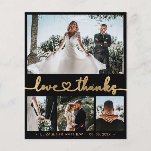 黒と金ゴールド4フォトコラージュ結婚の感謝 チラシ (正面)