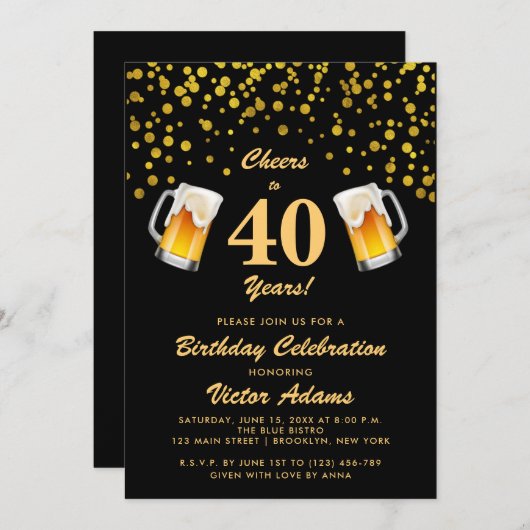 黒と金ゴールド40歳の誕生日 |応援とビール 招待状 (正面/裏面)