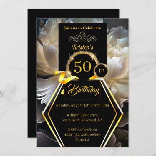 黒と金ゴールド50歳の誕生日招待状 招待状 (正面/裏面)
