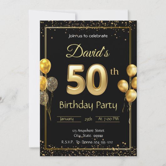 黒と金ゴールド50番目の誕生日招待状 招待状 (正面)