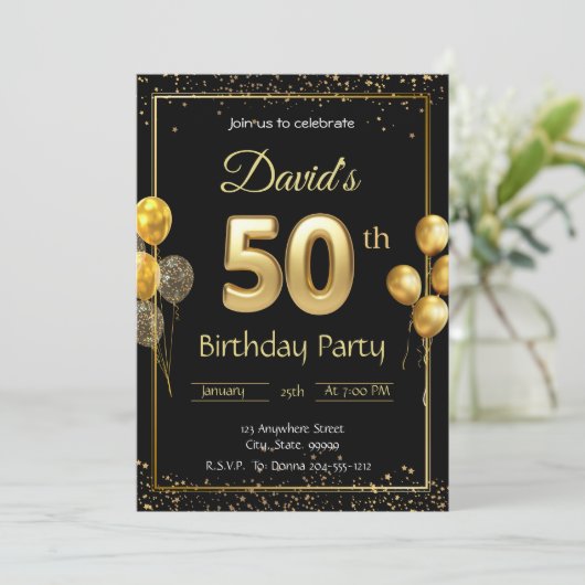 黒と金ゴールド50番目の誕生日招待状 招待状 (スタンド正面)