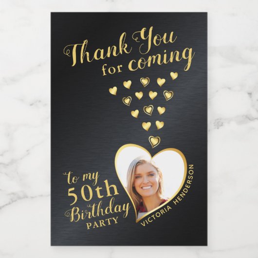 黒と金ゴールド50th誕生日写真ありがとう ワインラベル (シングルラベル)