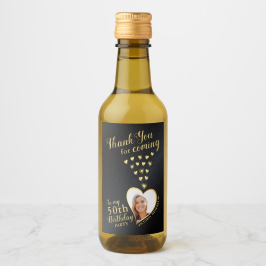 黒と金ゴールド50th誕生日写真ありがとう ワインラベル (正面)