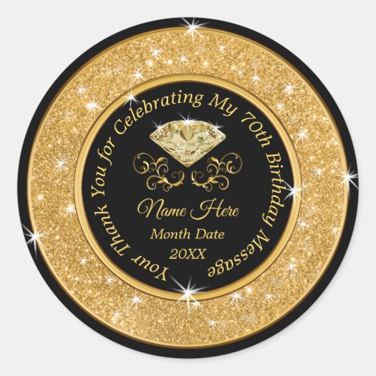 黒と金ゴールド70エレガント番目の誕生日 ラウンドシール (正面)