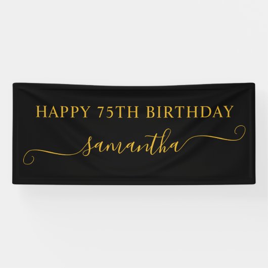 黒と金ゴールド75番目の誕生日ガーリースワッシュ名 横断幕 (横)