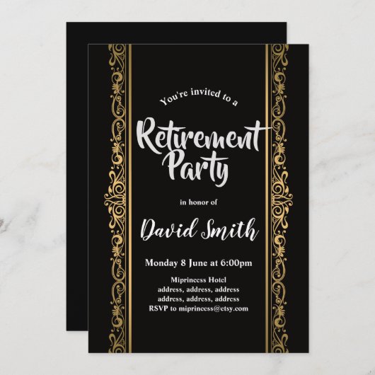 黒と金ゴールド、エレガント退職パーティー 招待状 (正面/裏面)