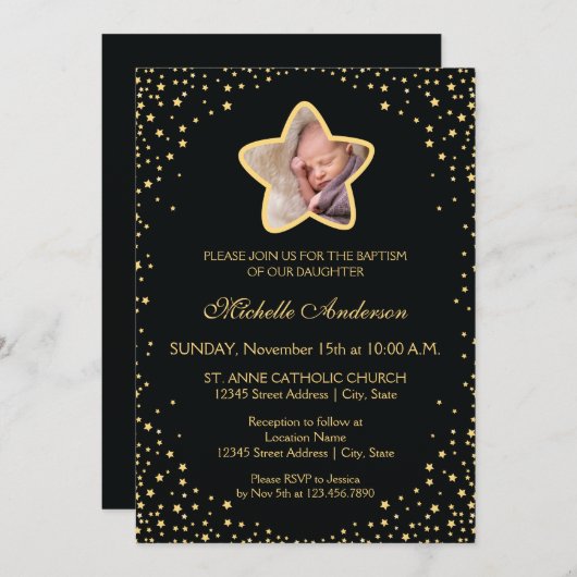 黒と金ゴールド《キリスト教》洗礼式や命名式バプテスマベビースターフォト 招待状 (正面/裏面)