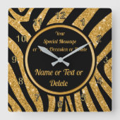 黒と金ゴールド、ゼブラ印刷時計パーソナライズされた、 スクエア壁時計 (正面)