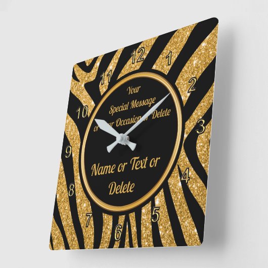 黒と金ゴールド、ゼブラ印刷時計パーソナライズされた、 スクエア壁時計 (傾斜)