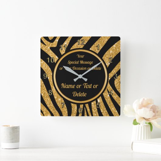 黒と金ゴールド、ゼブラ印刷時計パーソナライズされた、 スクエア壁時計 (ホーム)