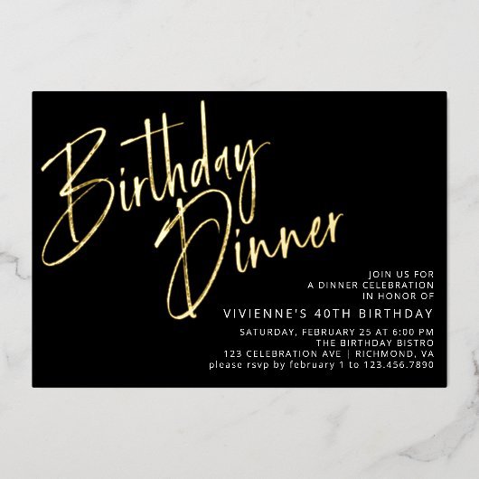 黒と金ゴールド |モダンエレガント誕生日 箔招待状 (正面)