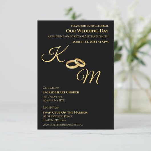 黒と金ゴールド – モノグラム結婚のリングや輪 招待状 (スタンド正面)
