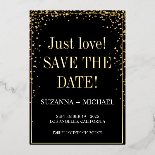 黒と金ゴールド、唯一の愛、日付を保存 箔招待状 (正面)
