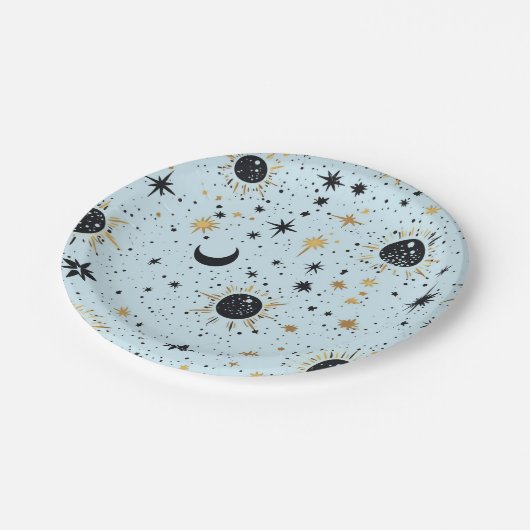 黒と金ゴールド、青の天空の太陽の月の星 ペーパープレート (アングル)