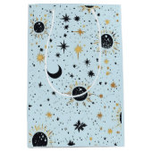 黒と金ゴールド、青の天空の太陽の月の星 ミディアムペーパーバッグ (正面)