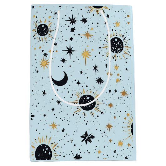 黒と金ゴールド、青の天空の太陽の月の星 ミディアムペーパーバッグ (正面)