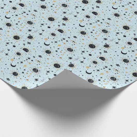 黒と金ゴールド、青の天空の太陽の月の星 ラッピングペーパー (角)