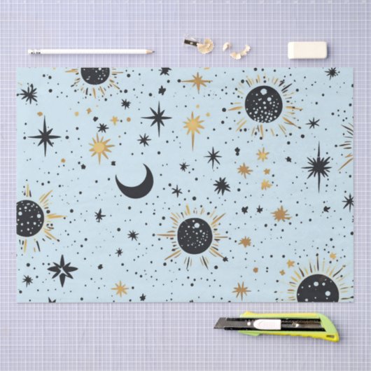 黒と金ゴールド、青の天空の太陽の月の星 薄葉紙 (クラフト)