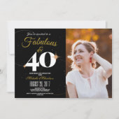 黒と金ゴールド | 40 & Fabulous誕生日写真 招待状 (正面)