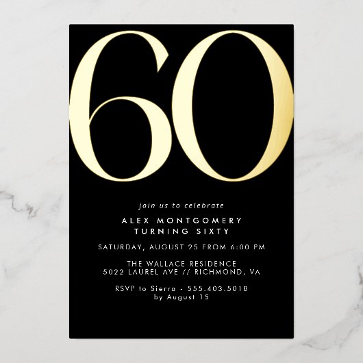 黒と金ゴールド | Luxe Womens or Mens 60誕生日 箔招待状 (正面)