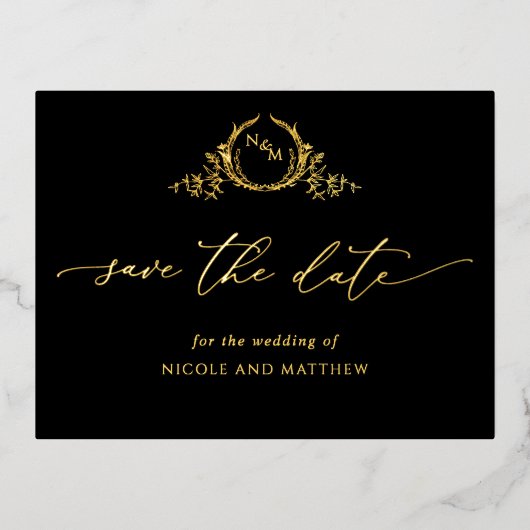 黒と金実在箔のウェディング日を保存 箔招待状ポストカード (正面)