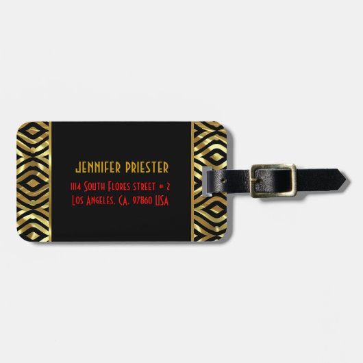 黒と金属の金ゴールド幾何学的パターン ラゲッジタグ (正面横)