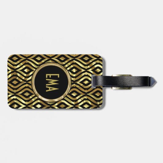 黒と金属の金ゴールド幾何学的パターン ラゲッジタグ (裏面横)
