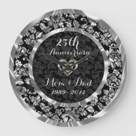 黒と金属の銀25周年結婚記念日 ラージ壁時計
