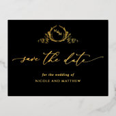 黒と金箔の結婚式の日付はがきを保存 箔招待状ポストカード (正面)