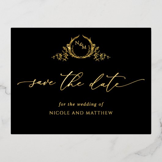黒と金箔の結婚式の日付はがきを保存 箔招待状ポストカード (正面)