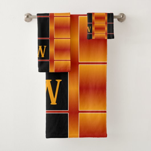 黒と金色のオレンジ色の正方形の幾何学的 バスタオルセット (インサイチュ)