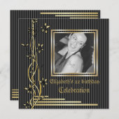 黒と金色のフローラ縁どのバースデー招待状 招待状 (正面/裏面)