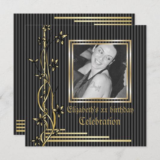 黒と金色のフローラ縁どのバースデー招待状 招待状 (正面/裏面)