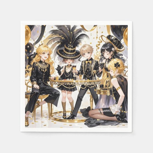 黒と金 豪華な贅沢、ムーラン・ルージュスタイル スタンダードカクテルナプキン (正面)