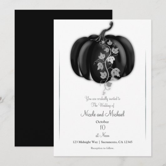 黒と銀のかぼちゃのストーリーブックの秋の結婚式 招待状 (正面/裏面)
