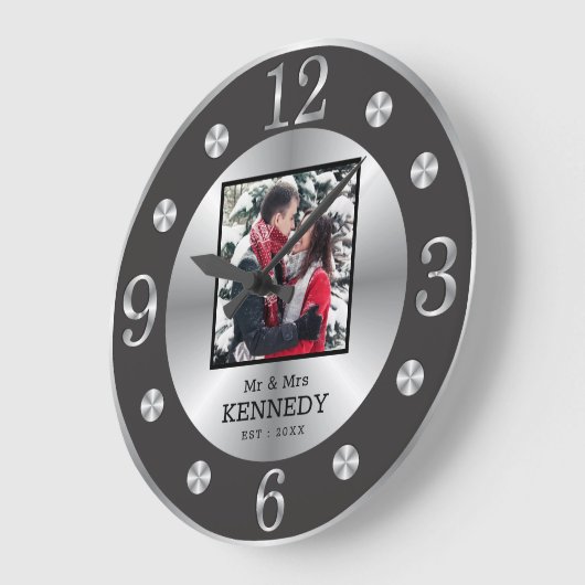 黒と銀のエレガント名前をカスタムする写真結婚ズ ラージ壁時計 (傾斜)