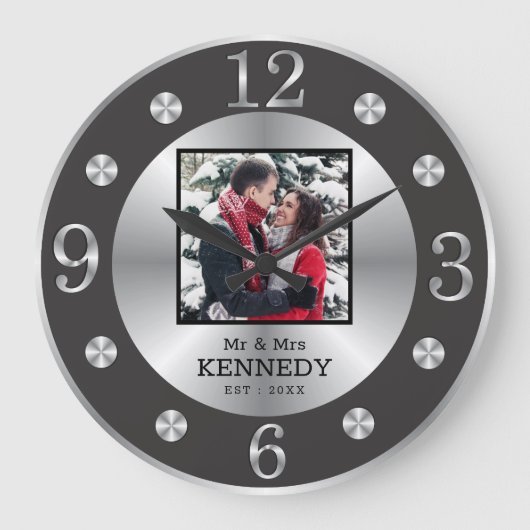 黒と銀のエレガント名前をカスタムする写真結婚ズ ラージ壁時計 (正面)