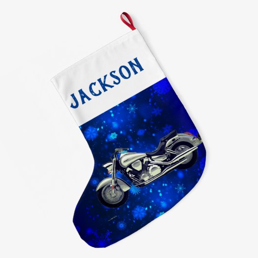 黒と銀のオートバイと雪 ラージクリスマスストッキング (裏面 (吊り時))