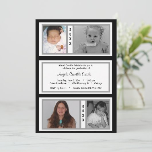 黒と銀のクアッド写真卒業パーティー 招待状 (スタンド正面)
