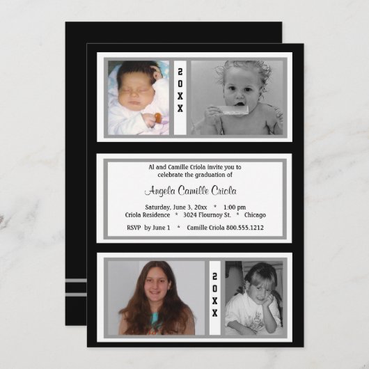 黒と銀のクアッド写真卒業パーティー 招待状 (正面/裏面)
