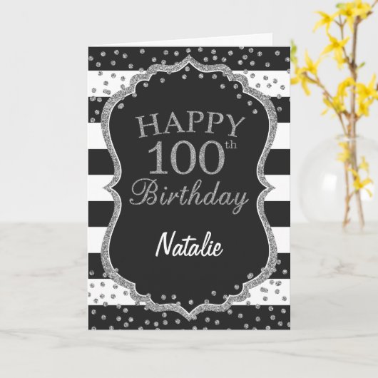 黒と銀のグリッター100番目の誕生日カード カード (黄色い花)