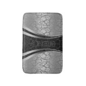 黒と銀のグレーのフローラダマスクのパターン バスマット (正面縦)