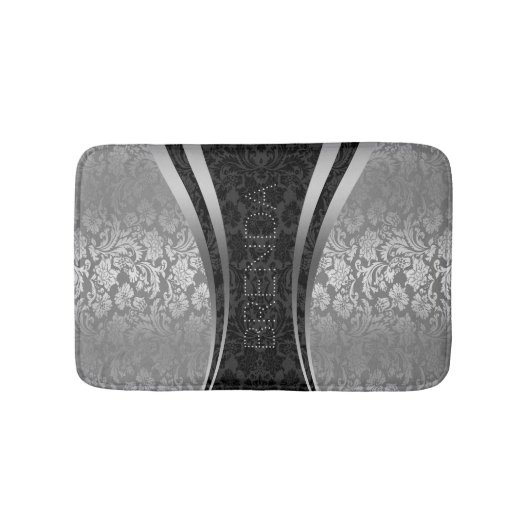 黒と銀のグレーのフローラダマスクのパターン バスマット (正面)