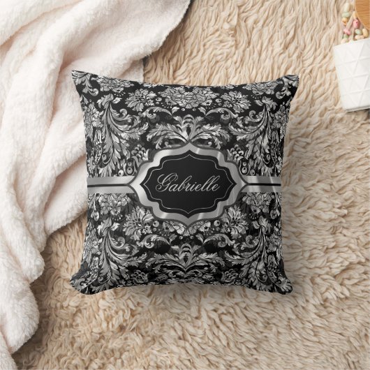 黒と銀のグレーのフローラダマスモノグラーム クッション (ブランケット)
