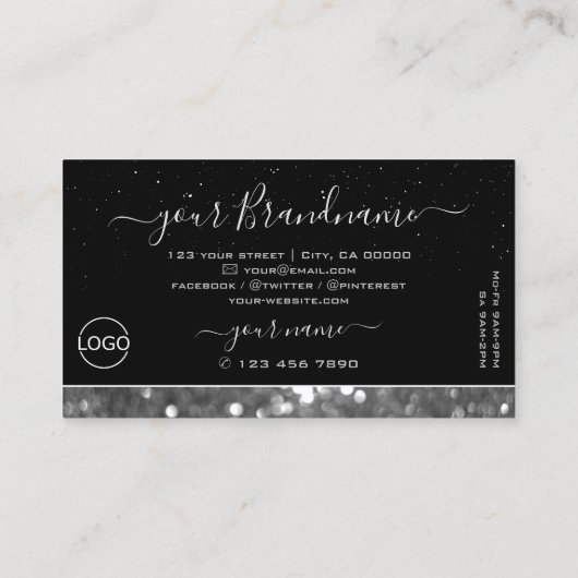 黒と銀のスパークルグリッターダイヤモンド追加ロゴ 名刺 (裏面)