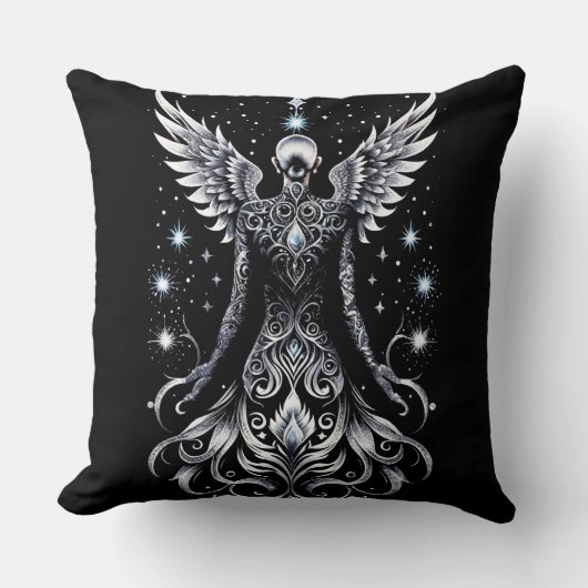 黒と銀のタトゥー天使 クッション (正面)