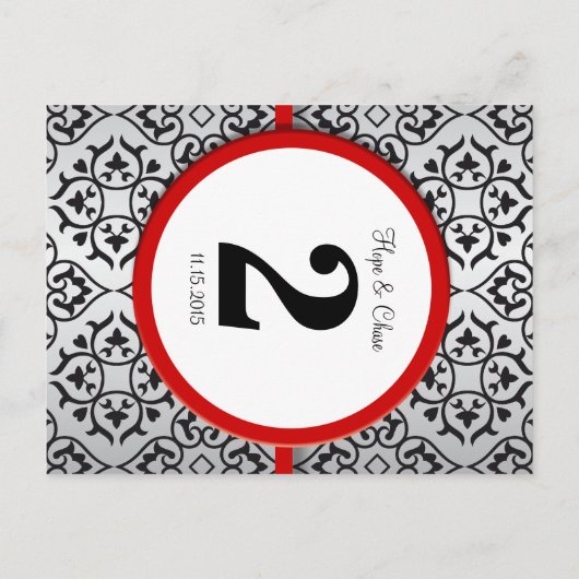 黒と銀のダマスクの赤いトリムテーブル番号 ポストカード (裏面)