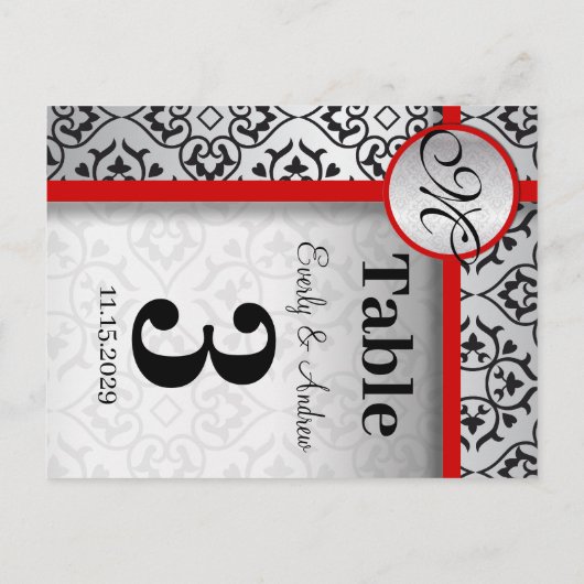 黒と銀のダマスクの赤いトリムテーブル番号 ポストカード (裏面)