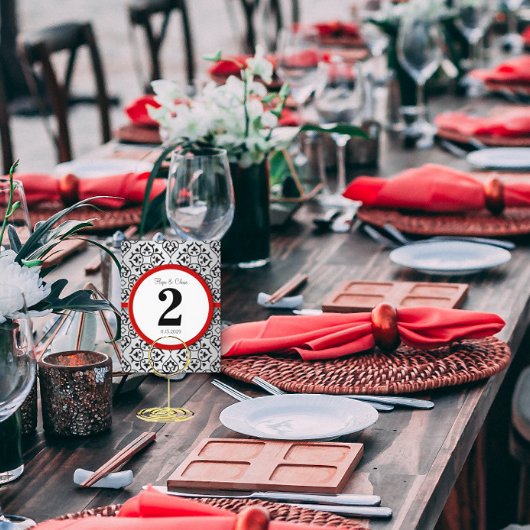 黒と銀のダマスクの赤いトリムテーブル番号 ポストカード